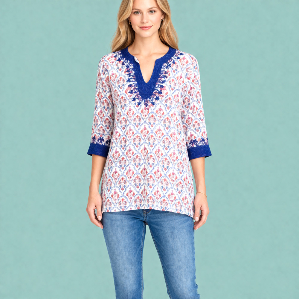 Roberta Roller Rabbit Size Small S Blue Floral Embroidered 3/4 Sleeve Tunic Top